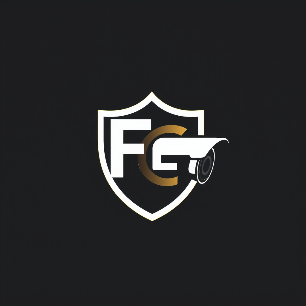 Main logo studio: Security company luxury minimalist monogram logo combining letters F and L, or FG, sleek modern surveillance lens or shield element, charcoal grey and