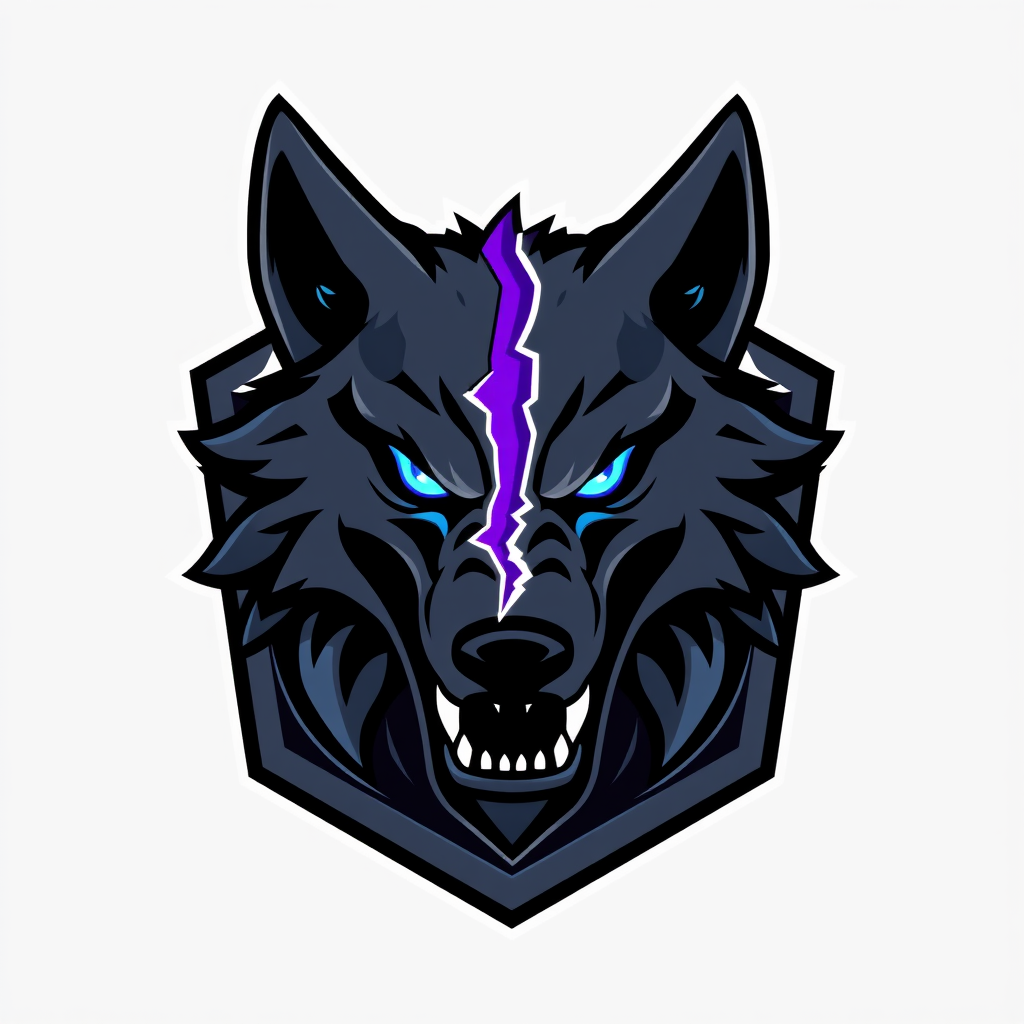 Main logo studio: Fierce esports mascot icon, front-facing symmetrical wolf head mid-roar, exposed sharp fangs, jagged angular fur spikes, glowing electric cyan eyes. H