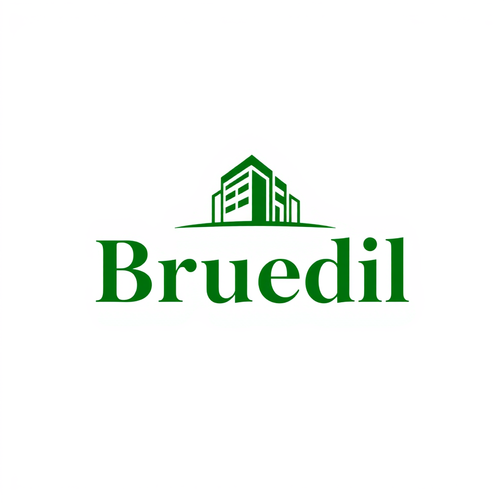 Main logo studio: Create a premium Italian construction company logo for "Bruedil". Elegant green wordmark, bold and professional typography, minimal icon inspired by a