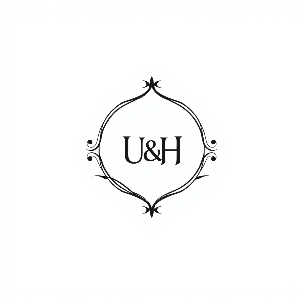 Monogram Logo idea: monogram logo combining the letters U&H initial logo for wedding , elegant intertwined letterforms, flat vector logo, centered, solid white background