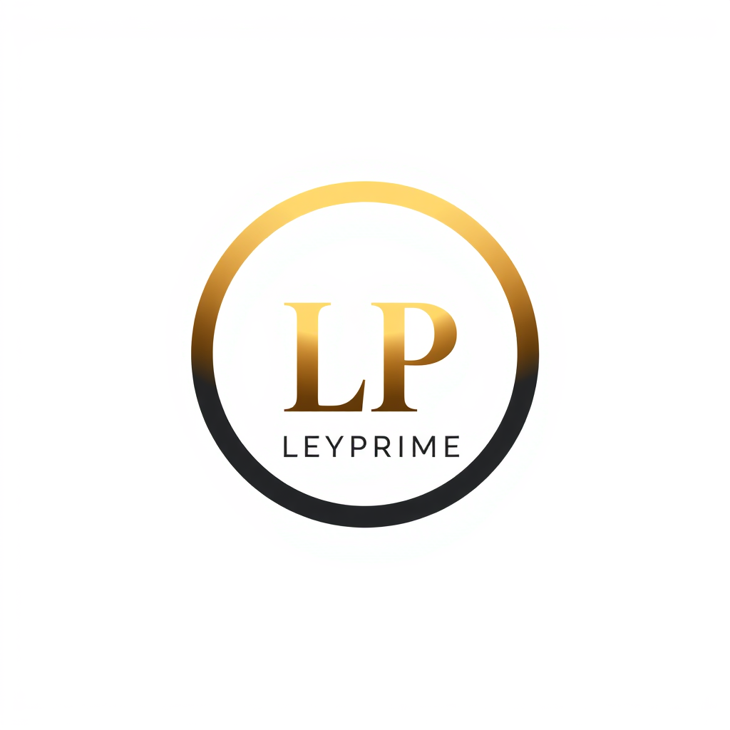 Minimalist Logo idea: minimalist logo, simple geometric mark for Keep the exact LP, LEYPRIME, and HUB layout. Make the outer circle perfectly round, a fully closed circle w