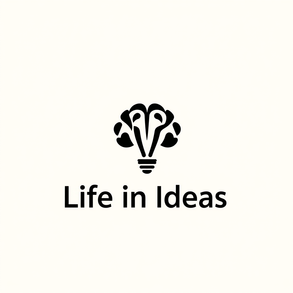 Main logo studio: Minimalist modern logo for “Life in Ideas”. Create ONE original abstract symbol combining human thinking, curiosity, emotions, a small spark of ideas,
