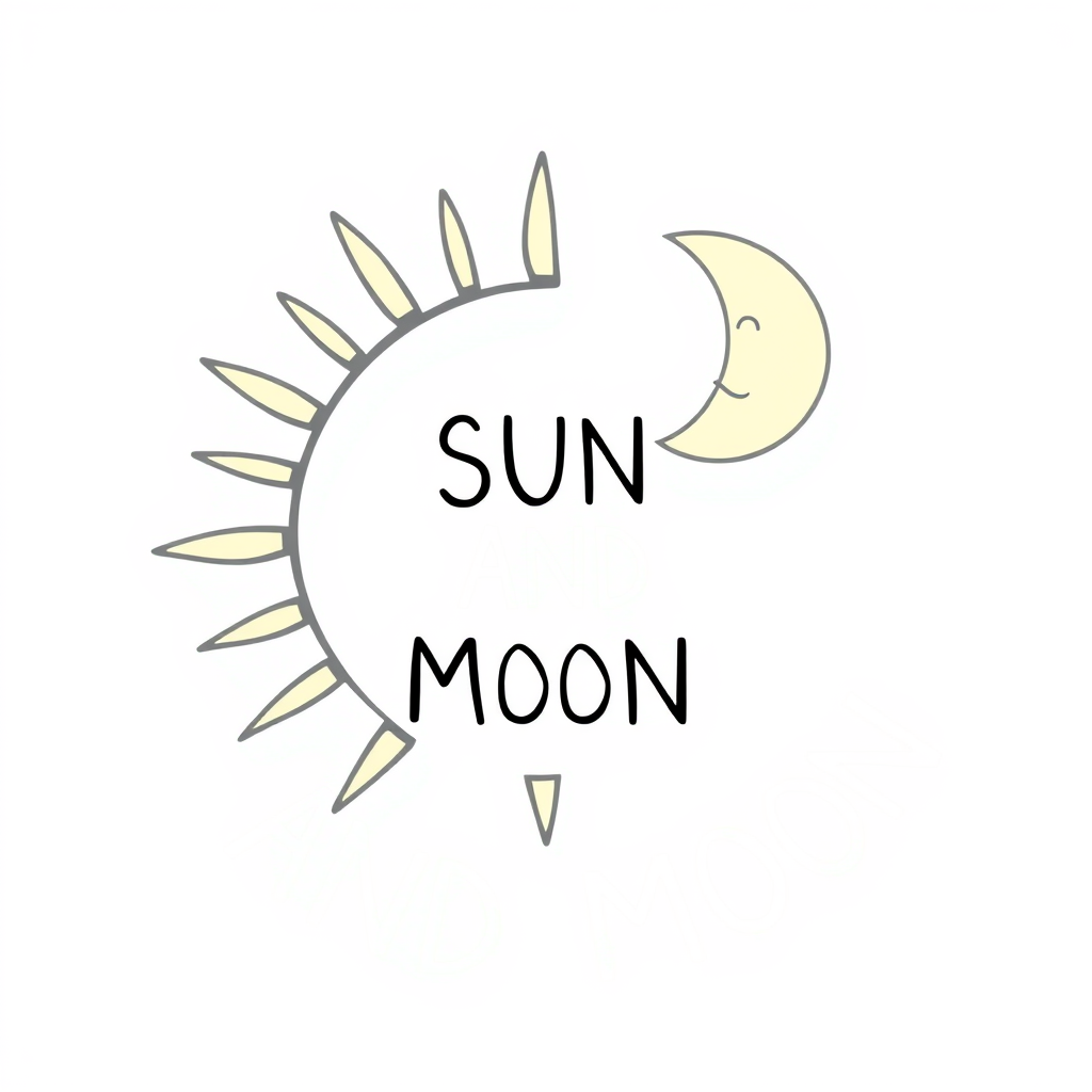 Main logo studio: make it like a kid has drawn it a sun and a moon with the words "SUN AND MOON" vector graphic style happy and together to make a full circle only the 