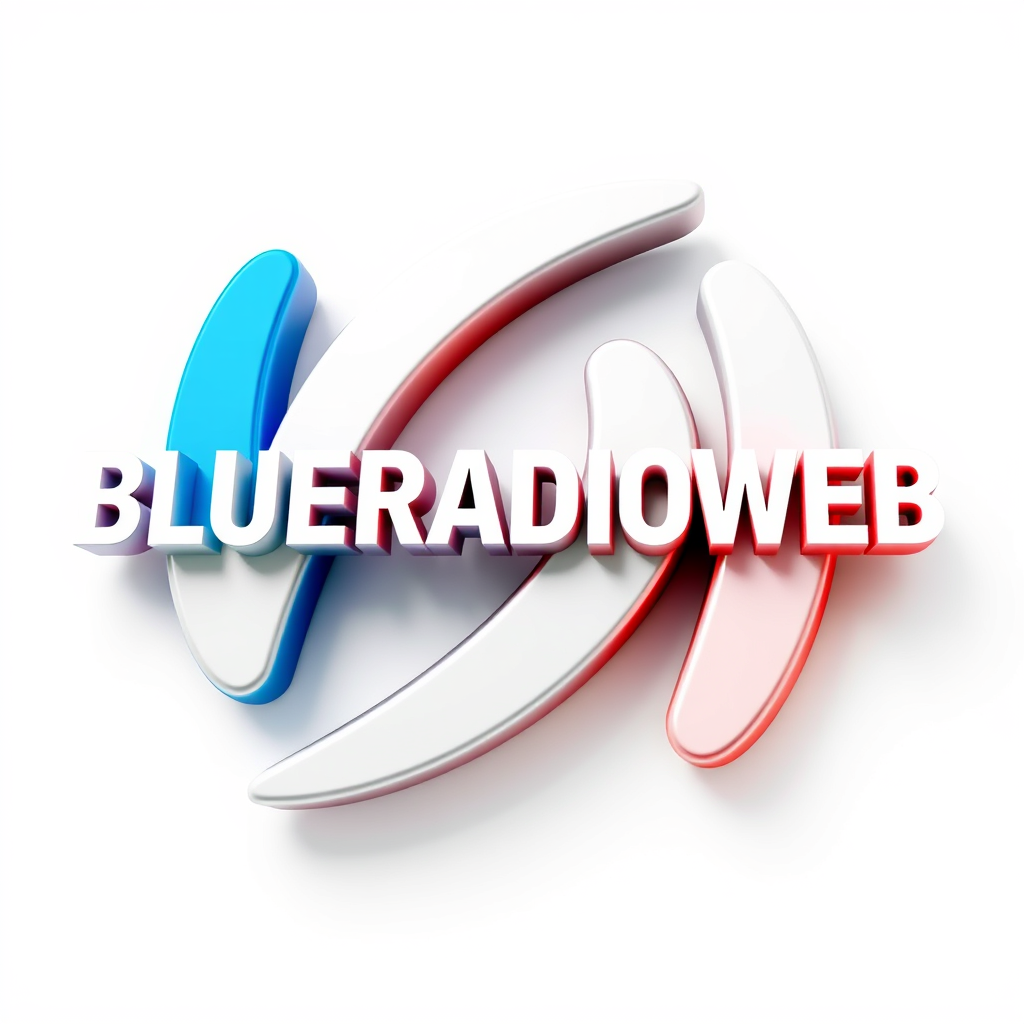 3D Logo idea: 3D logo for BLUERADIOWEB LISTEN TO YOUR MUSIC a music tech brand, 3D sound wave form white blue red , three-dimensional render, realistic depth and sh