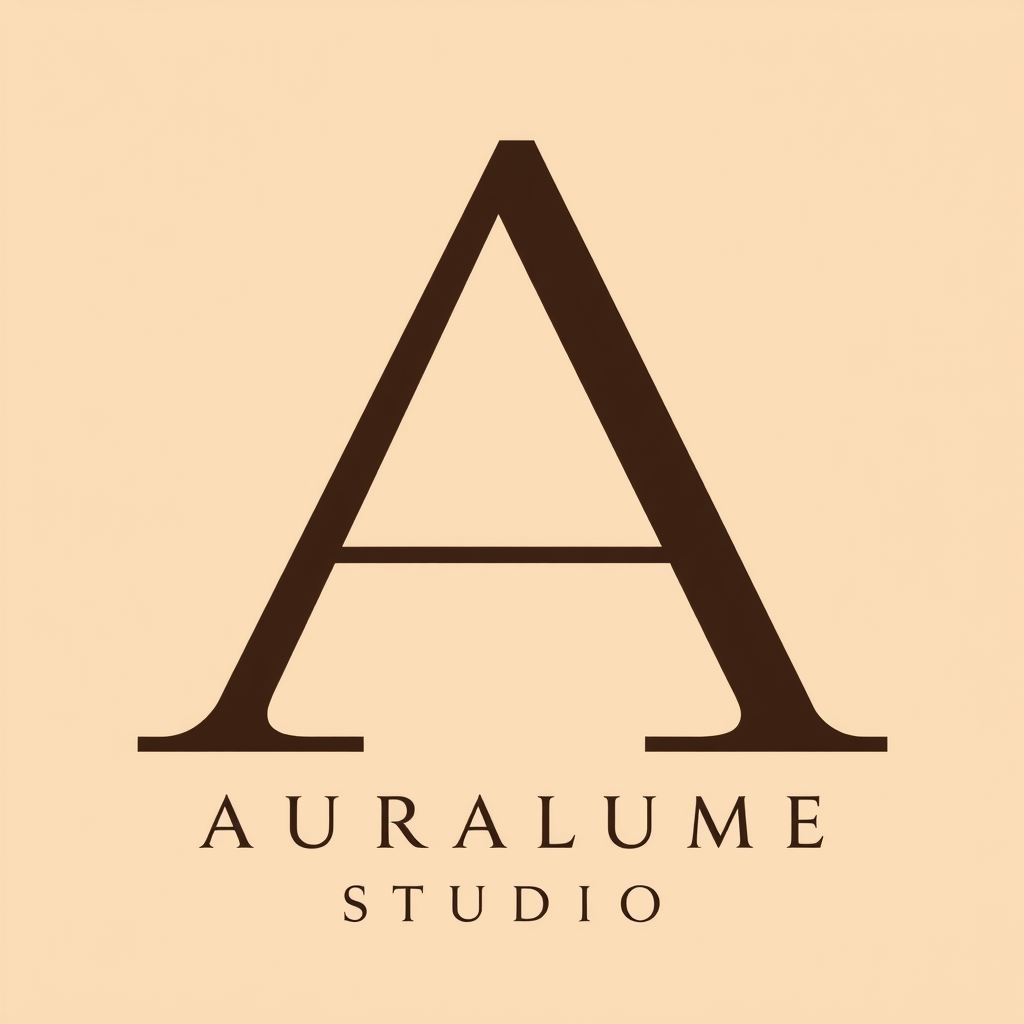 Main logo studio: Create a premium luxury logo for “Auralume Studio”, an AI product photography brand. Elegant dark chocolate-brown serif letter A monogram, warm beige 