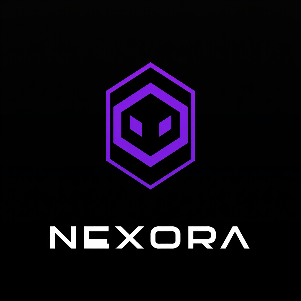Main logo studio: Create a premium futuristic logo for a hardware store named "NEXORA". Make a unique geometric symbol by merging all six letters of NEXORA into one com
