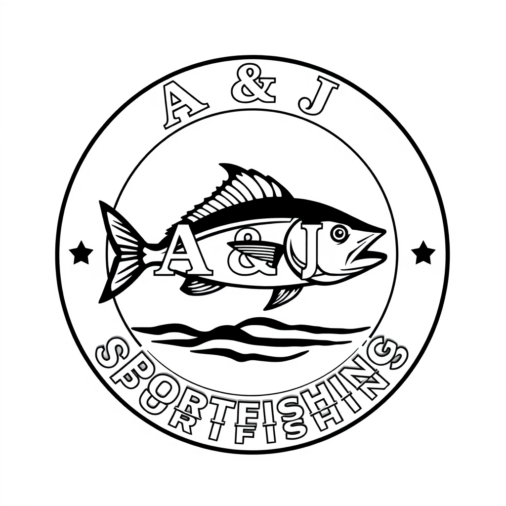 Emblem Logo idea: emblem logo of Minimal, professional Southern California sportfishing badge emblem. A & J Sportfishing. Clean game-fish silhouette, subtle ocean wave,