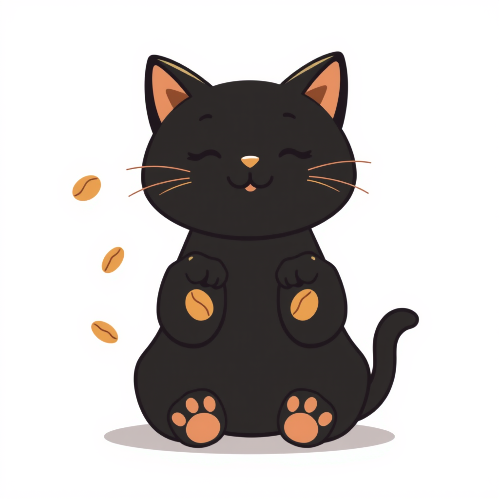 Main logo studio: Cute black cat sitting upright, clearly recognizable natural cat anatomy. Both front paws are visible and holding several brown beans. The cat is play