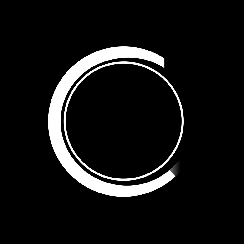 Minimalist Logo idea: minimalist logo, simple geometric mark for Minimal round white camera lens, no camera body, black background. Curve “photo_ale.jpg” around the outer r