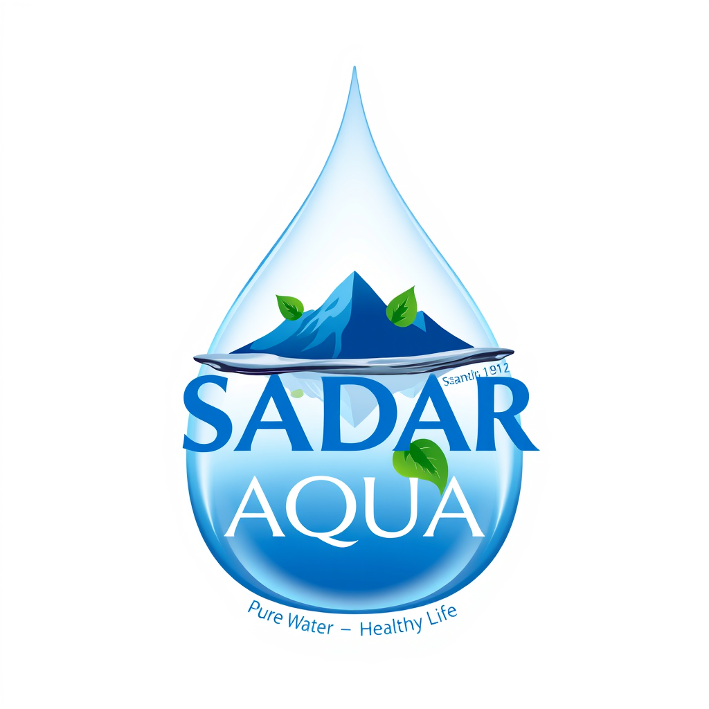 Main logo studio: Create a premium bottled drinking water brand logo for “SADAR AQUA”. Use a realistic blue water drop containing a mountain, clean lake and green leave