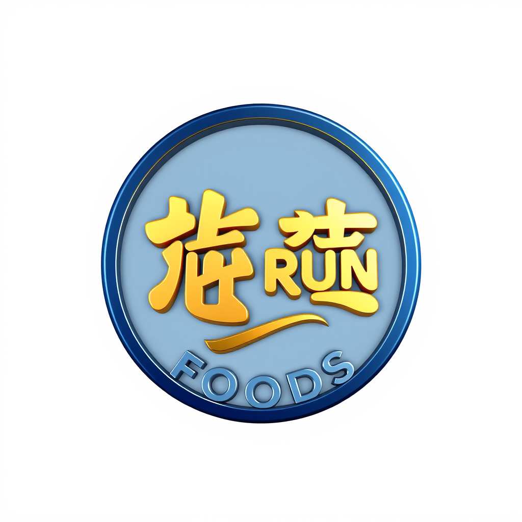 3D Logo idea: 3D logo for 金润 JIN RUN FOODS 金润 must in the logo round logo background navy blue human profile in the logo food shop , three-dimensional render, reali