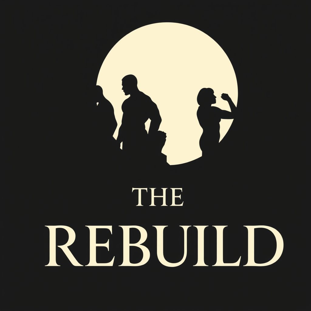 Main logo studio: Iconic luxury logo for **THE REBUILD**. Create one abstract human silhouette evolving from broken and worn into strong and refined, symbolizing rebuil