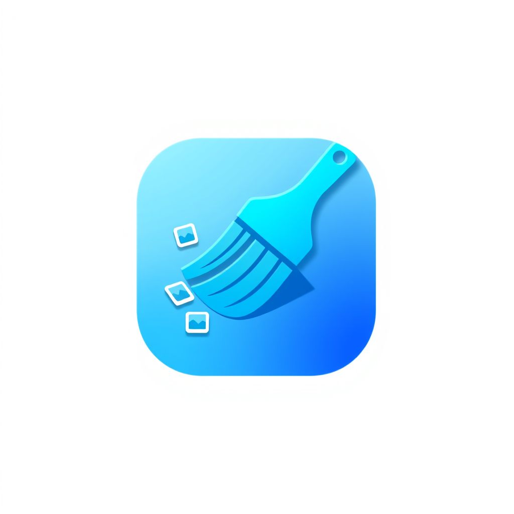 Wordmark Logo idea: wordmark logo of Create a premium minimalist app icon for a mobile photo cleaning app. A sleek blue sweep brush is the main icon, sweeping away small