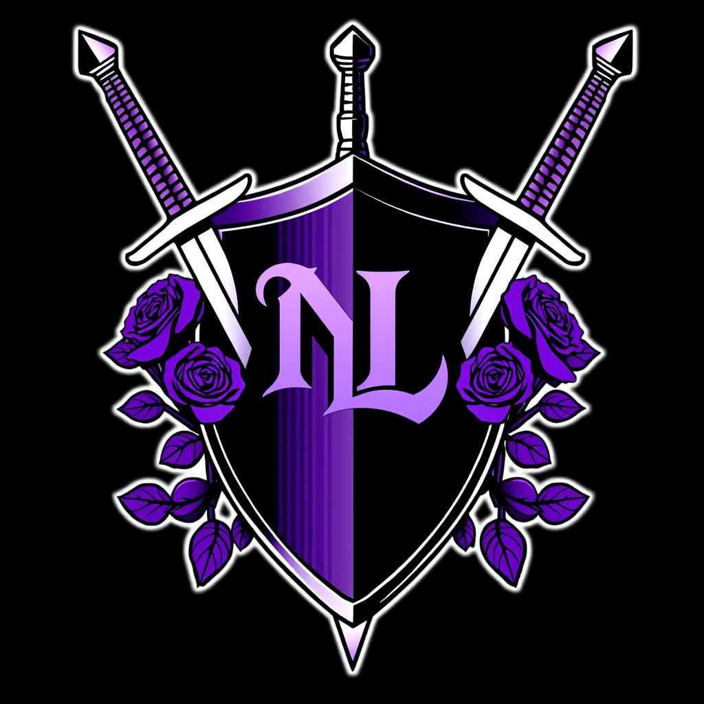 Main logo studio: I have a dj group named Nght-Lyfe and our main color is purple and black. I want to incorporate two swords maybe wrapped in the stems of rose bushes w