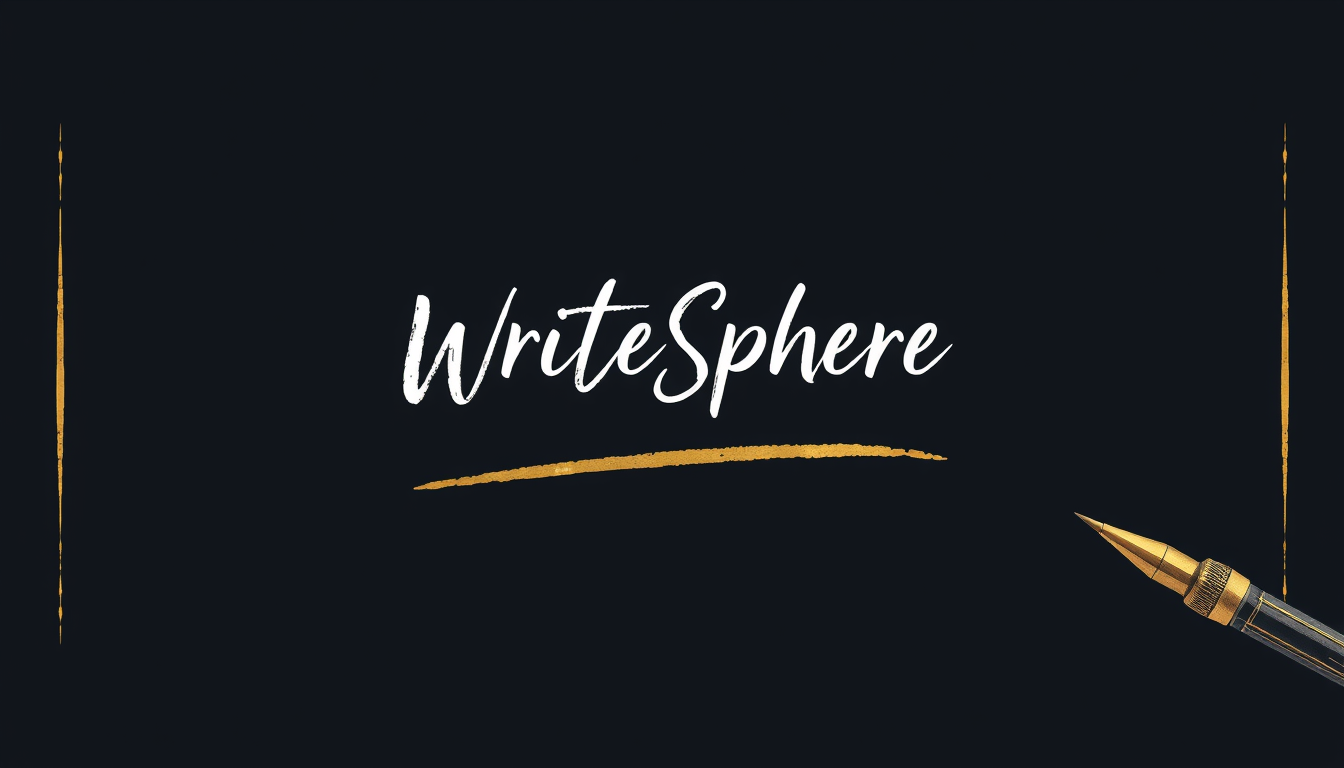 Main logo studio: YouTube banner for “WriteSphere”, elegant pen and ink theme, subtle handwritten elements, dark navy background with gold accents, clean premium modern