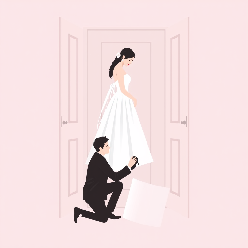 Main logo studio: A woman in a white dress standing at a doorway while a man kneels to put on her shoe, symbolizing love, devotion, respect, and tenderness. Elegant, ro