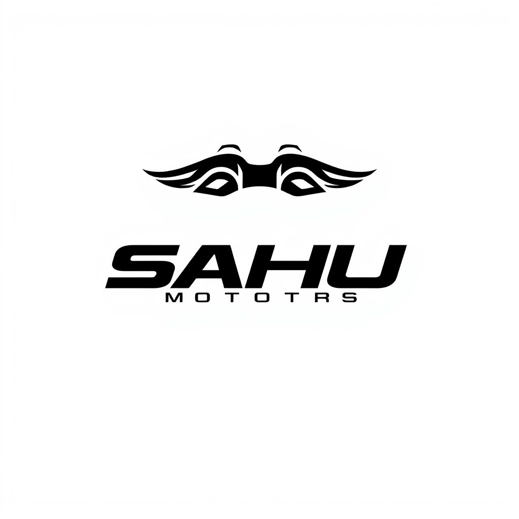 Wordmark Logo idea: wordmark logo of SAHU MOTORS , bold clean typography, flat vector logo, centered, solid white background, high contrast, professional brand identity