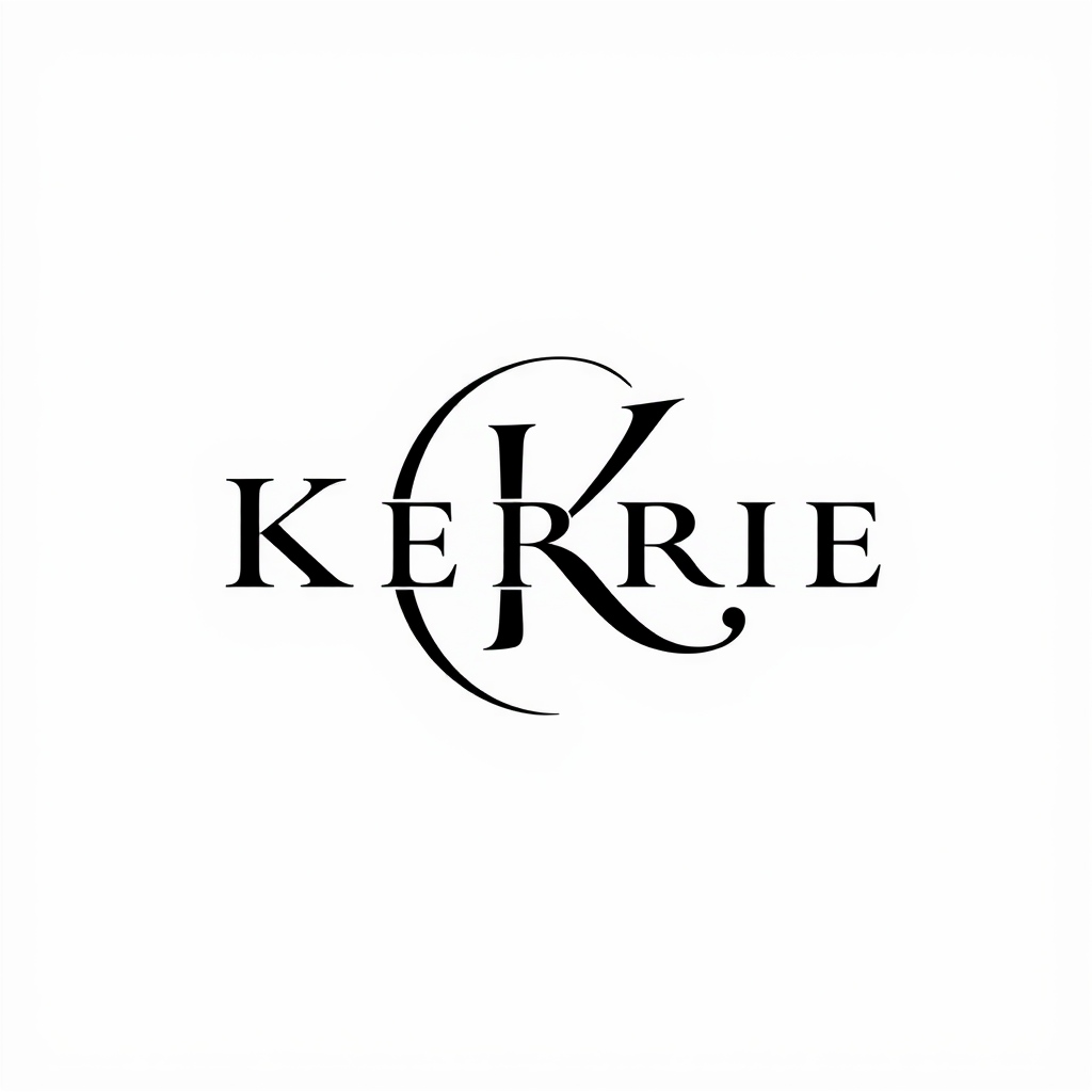 Monogram Logo idea: monogram logo combining the letters Kerrie , elegant intertwined letterforms, flat vector logo, centered, solid white background, high contrast, luxur