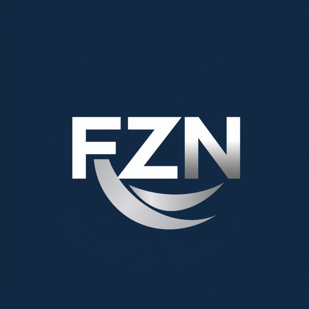 Main logo studio: Premium minimalist emblem logo for “ FAZN”. Create a powerful custom symbol using the letters “F A Z N "merged with a crescent moon. Navy blue circula