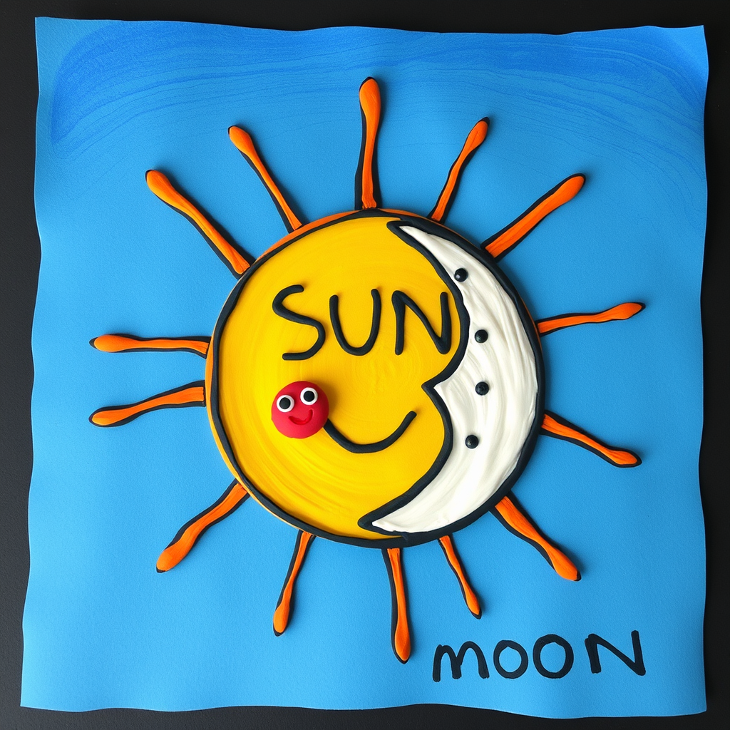 Main logo studio: make it like a kid has drawn a sun and a moon clay mation style that looks not ai and has the words 'SUN AND MOON'