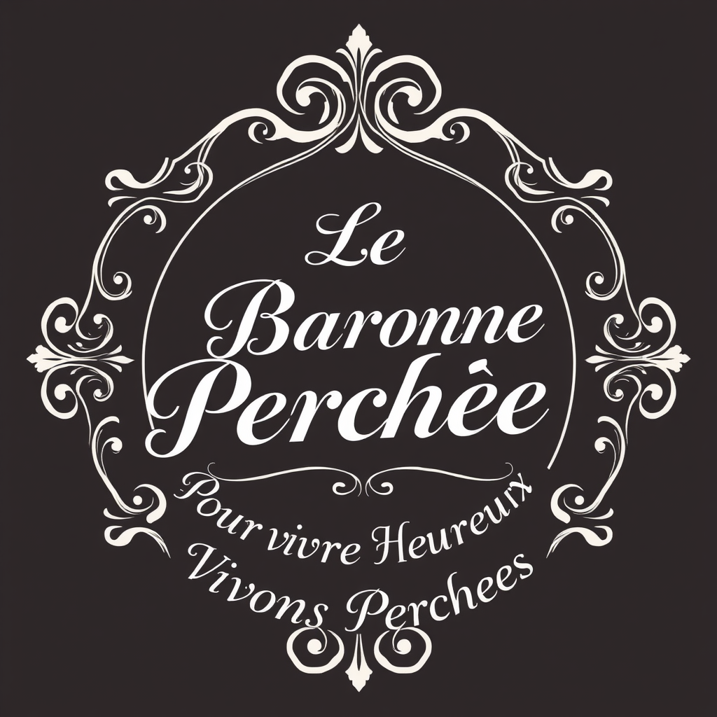 Main logo studio: Crée un logo élégant. Cadre doré rococo. Écris dans le cadre : « La Baronne Perchée » en écriture calligraphiée. Ecris en dessous du cadre: Pour Vivre