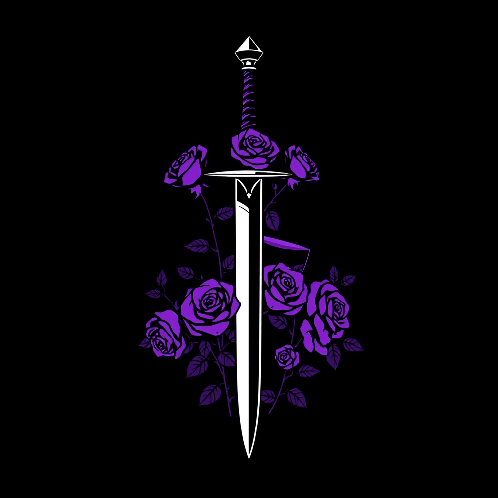 Main logo studio: I have a dj group named Nght-Lyfe and our main color is purple and black. I want to incorporate two swords maybe wrapped in the stems of rose bushes w