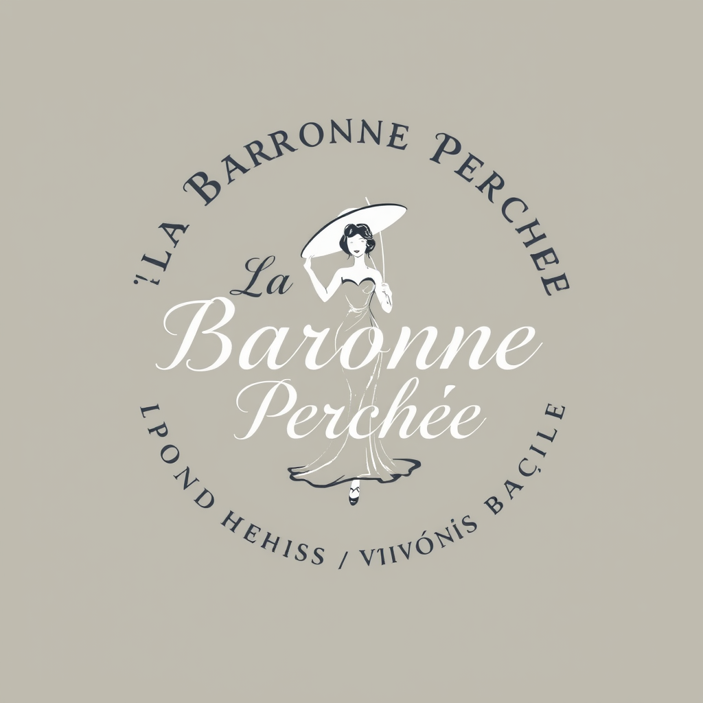 Main logo studio: Crée un logo élégant. Au centre : « La Baronne Perchée » en écriture manuscrite calligraphiée, lisible, avec L, B et P en majuscules. Autour : « Pour 