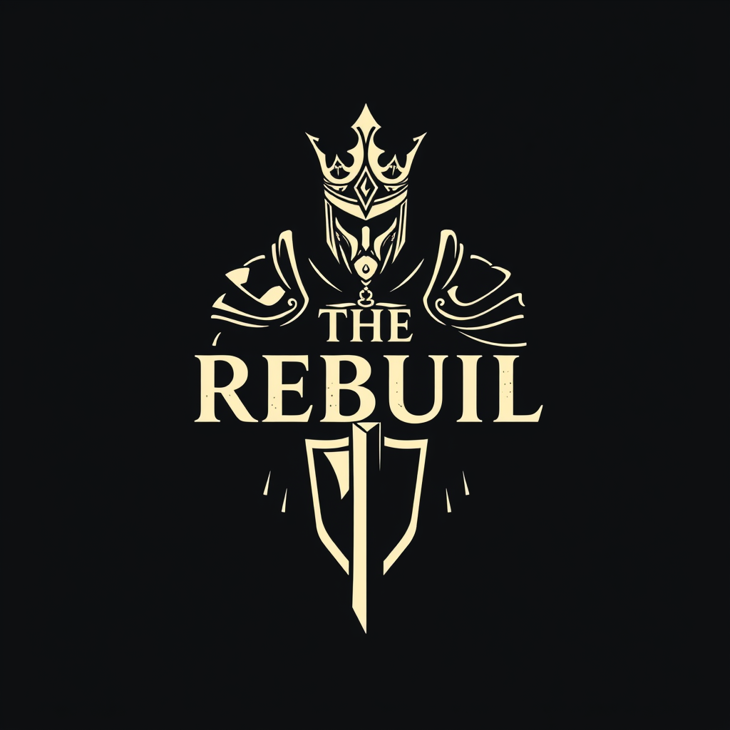Main logo studio: Luxury emblem for **THE REBUILD**. A broken soldier destroys his own cracked armor and former identity, rebuilding himself from the shattered pieces i