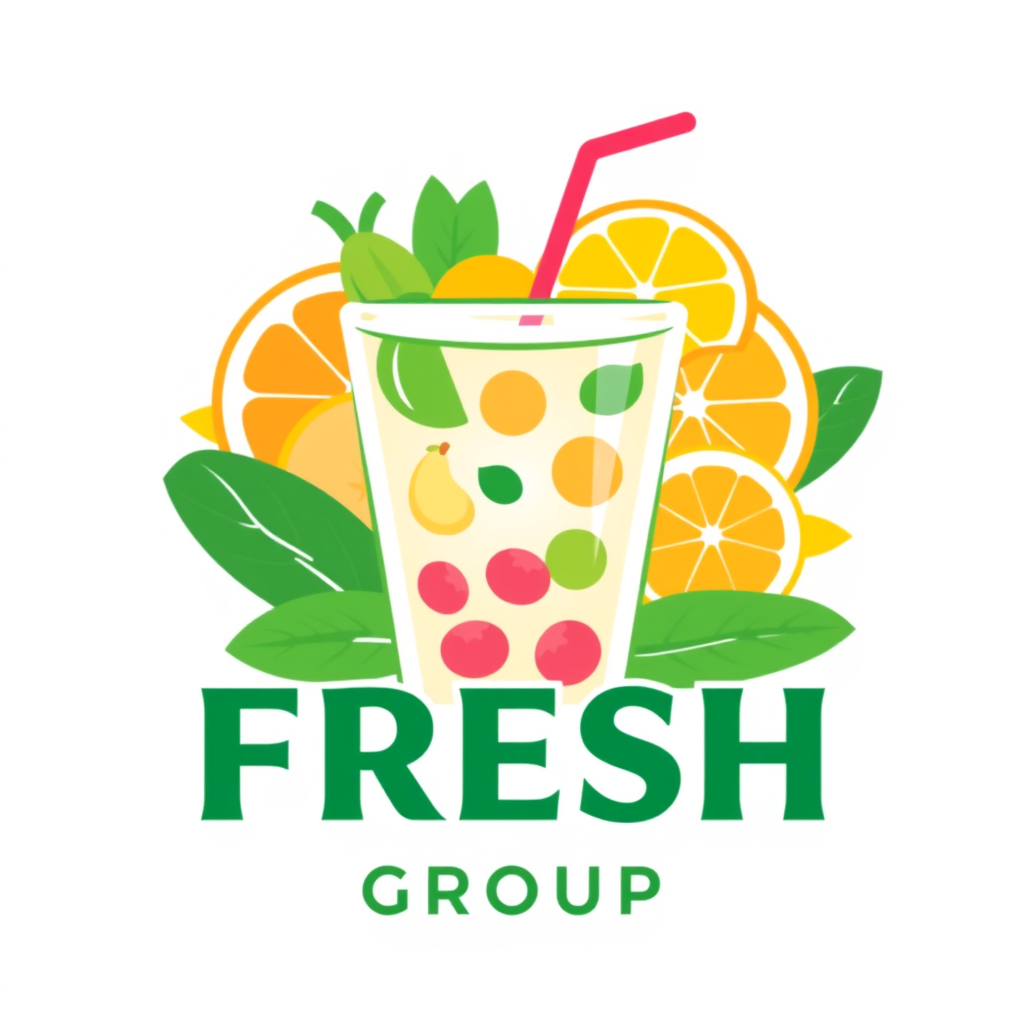 Main logo studio: Jawa Fresh Group. Modern Indonesian beverage logo with a fresh drink cup, tropical fruits and leaves. Bold clean typography. Text: “JAWA FRESH” with “