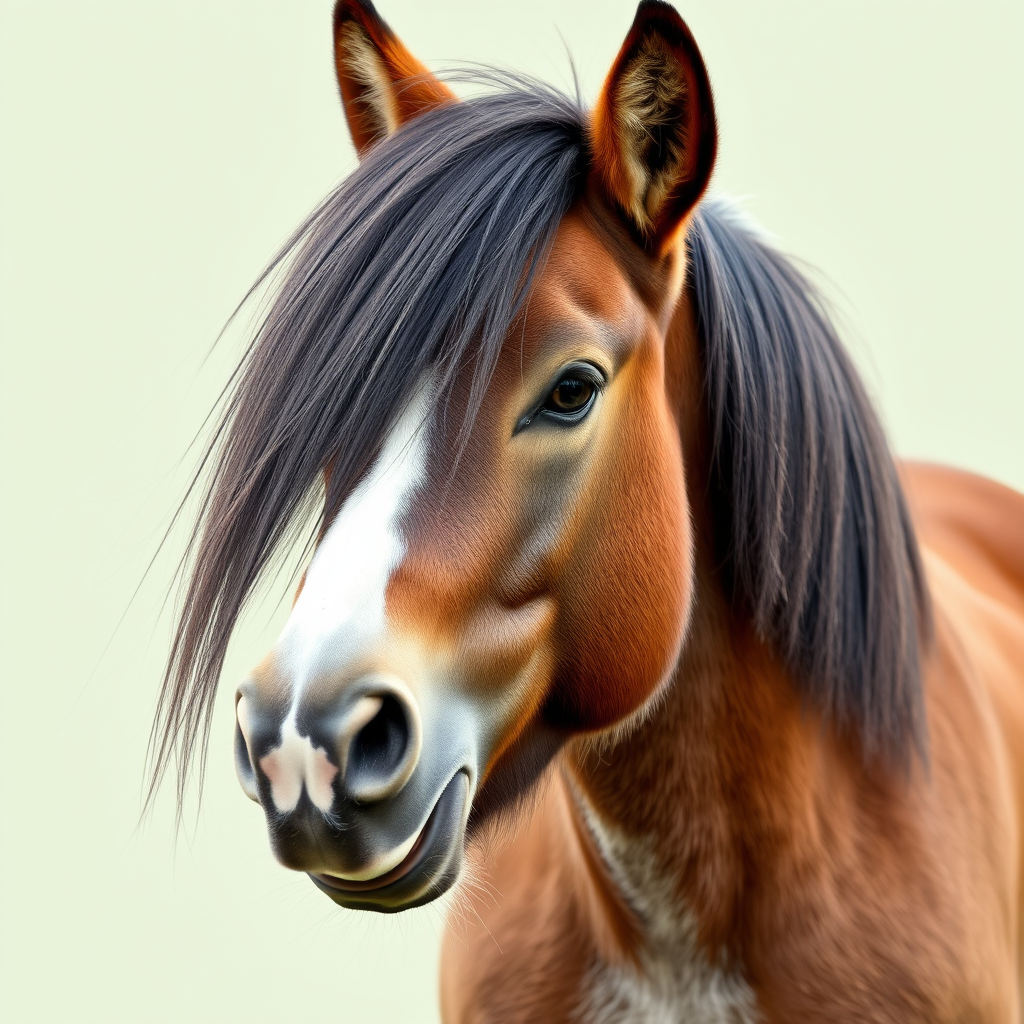 Main logo studio: sweet, baby clydesdale facing to the side bulky head dark big eyes long lases, velvety muzzle, and mouth in a small smile head has a sweet white blaze