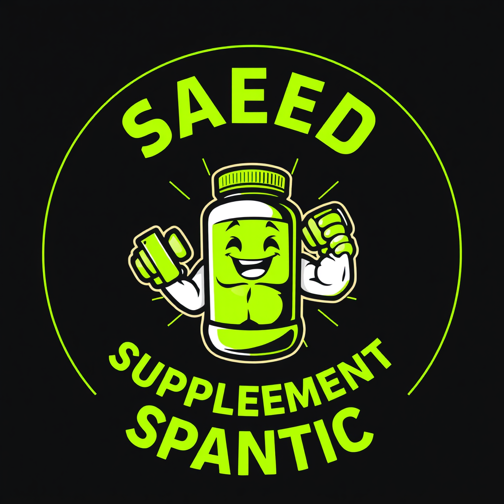 Main logo studio: Create a modern sports supplement store logo. Black background with neon fluorescent green accents. In the center, a friendly muscular supplement bott