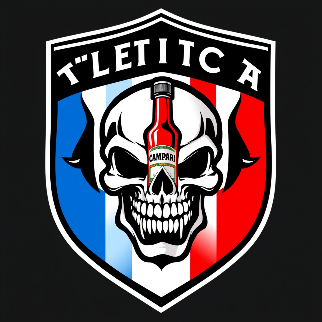 Main logo studio: ATLETICO CAMPARI — professional Italian football fantasy team crest, intimidating skull mascot, small red Campari bottle integrated into the emblem, d