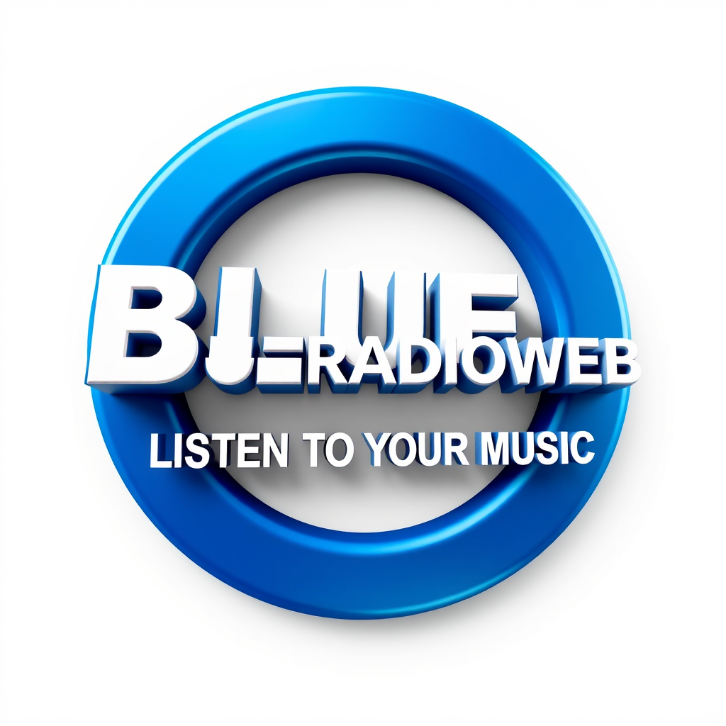 3D Logo idea: 3D logo for Générer un logo radio 3D au nom de BLUERADIOWEB écrit en blanc dans une bulle de couleur bleu foncé avec le slogan LISTEN TO YOUR MUSIC éc
