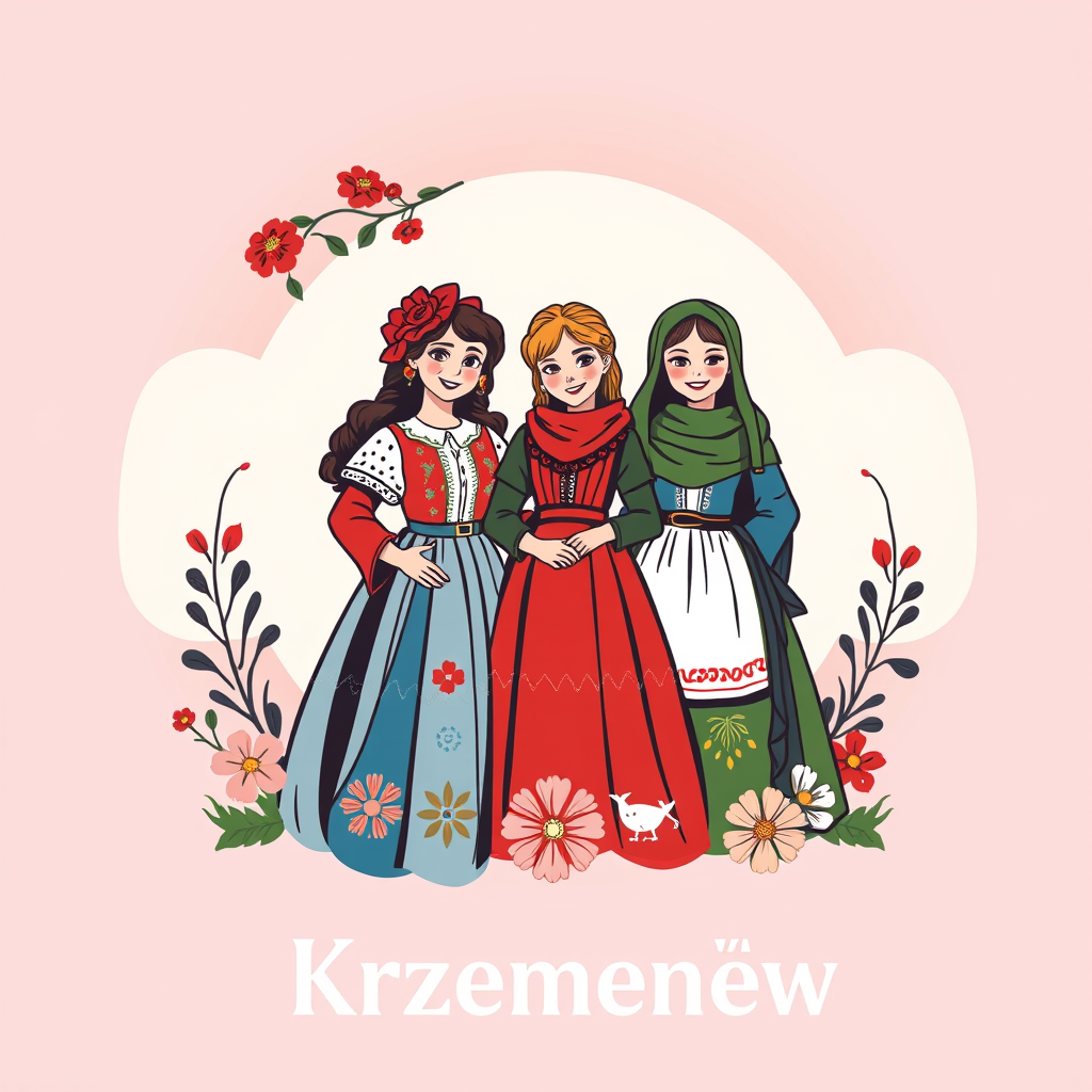 Main logo studio: Zaprojektuj wesołe i kolorowe logo „KGW Krzemieniew”, przedstawiające grupę uśmiechniętych wiejskich kobiet w pięknych polskich strojach ludowych. Wok