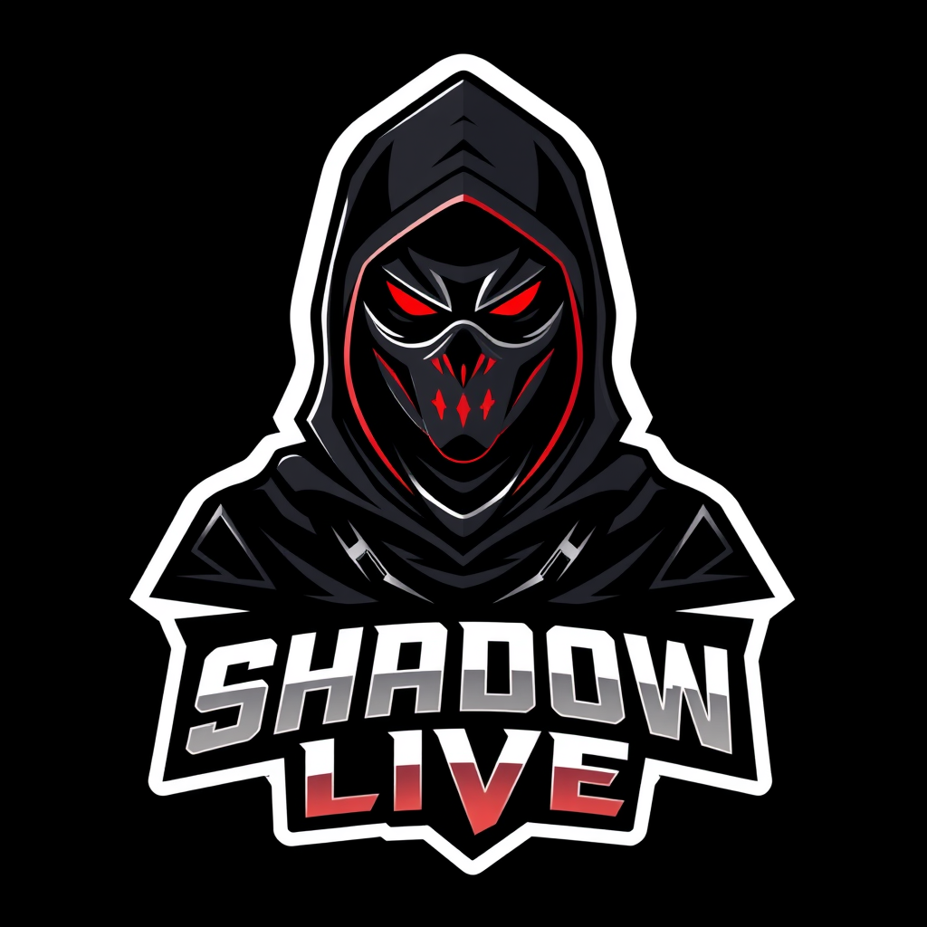 Mascot Logo idea: mascot logo of Create an original, premium Free Fire gaming creator mascot logo for the brand "SHADOW LIVE". Feature one unique front-facing hooded sh