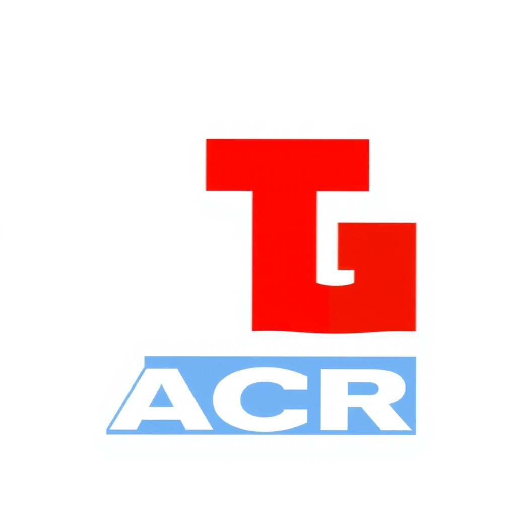 Main logo studio: Professional Italian television news logo reading "TG ACR", inspired by classic 1990s Italian TV news graphics, bold italic sans-serif typography, red