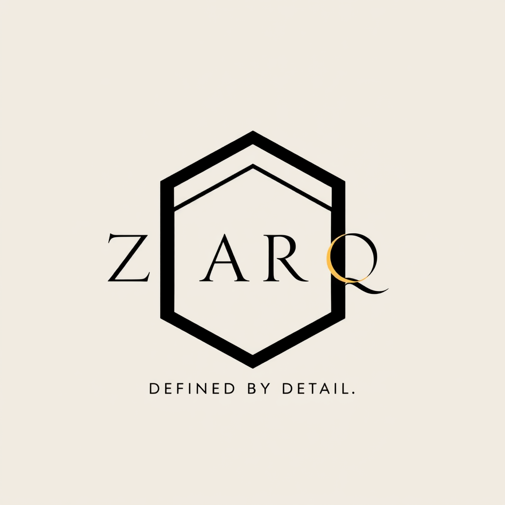 Main logo studio: Unique premium logo for **ZARQ**. Abstract geometric emblem with hidden Z/Q negative space, subtle asymmetry, elegant custom wordmark. Quiet luxury, m