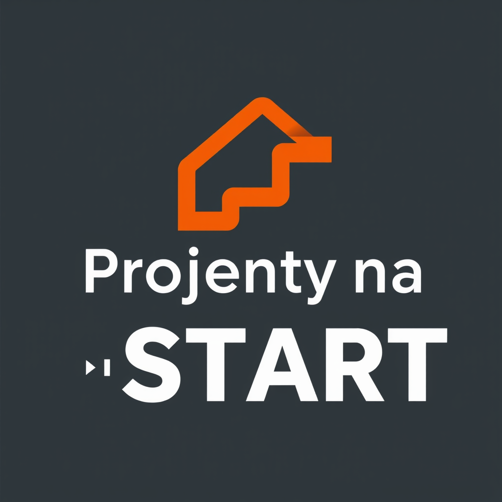 Main logo studio: Bold modern logo for “Projekty na Start”. Abstract symbol representing a first step, movement and starting a new project. No house or roof icons. Ener