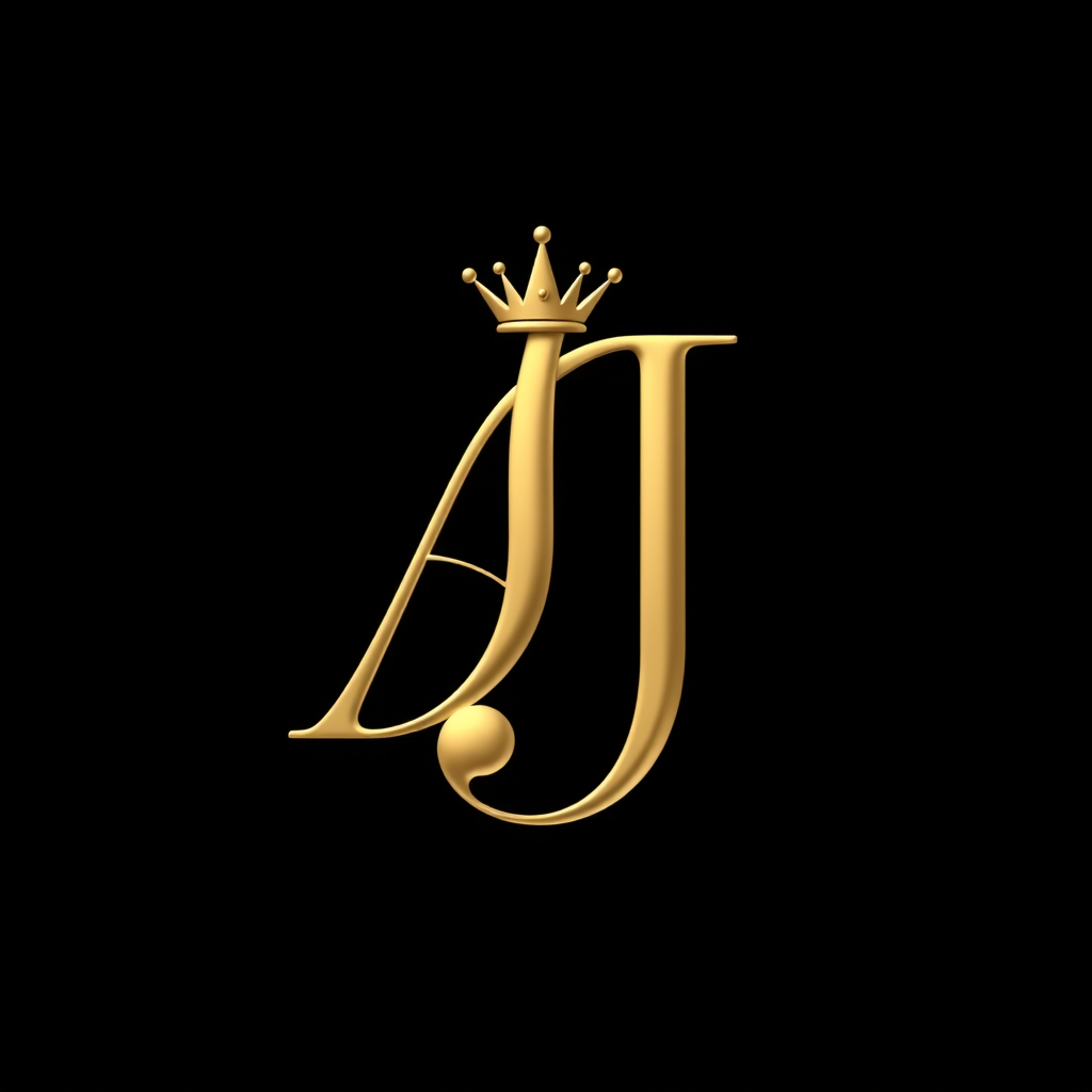Main logo studio: Create an iconic luxury monogram using ONLY the letters “AJ”. Make A and J seamlessly interlock into one distinctive, artistic symbol, with elegant ov
