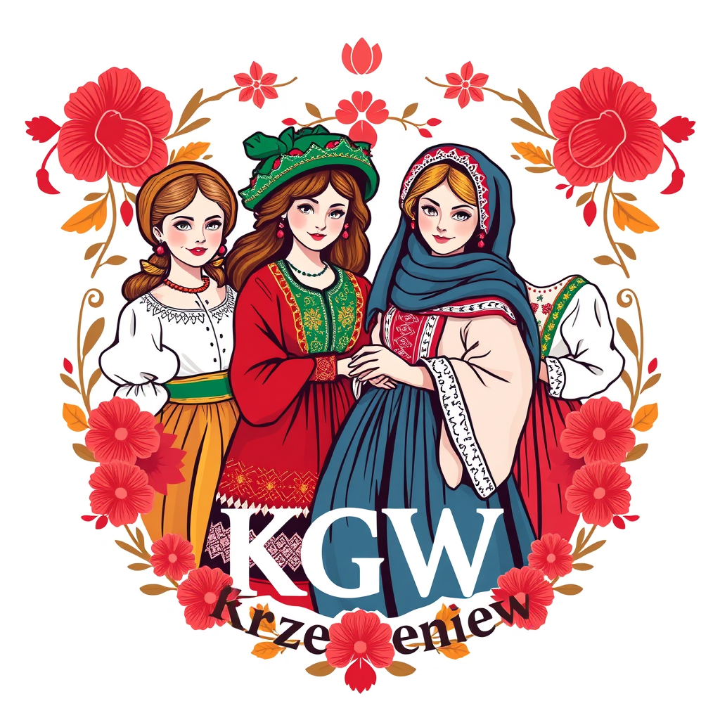 Main logo studio: Zaprojektuj wesołe i kolorowe logo „KGW Krzemieniew”, przedstawiające grupę uśmiechniętych wiejskich kobiet w pięknych polskich kolorowych strojach lu