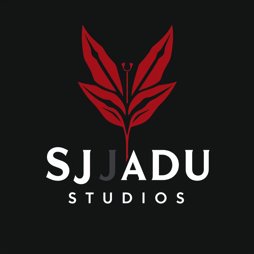 Main logo studio: "A professional film studio logo for 'Sjadu Studios' with a dark survival thriller aesthetic. The icon is a minimalist, jagged jungle leaf intertwined