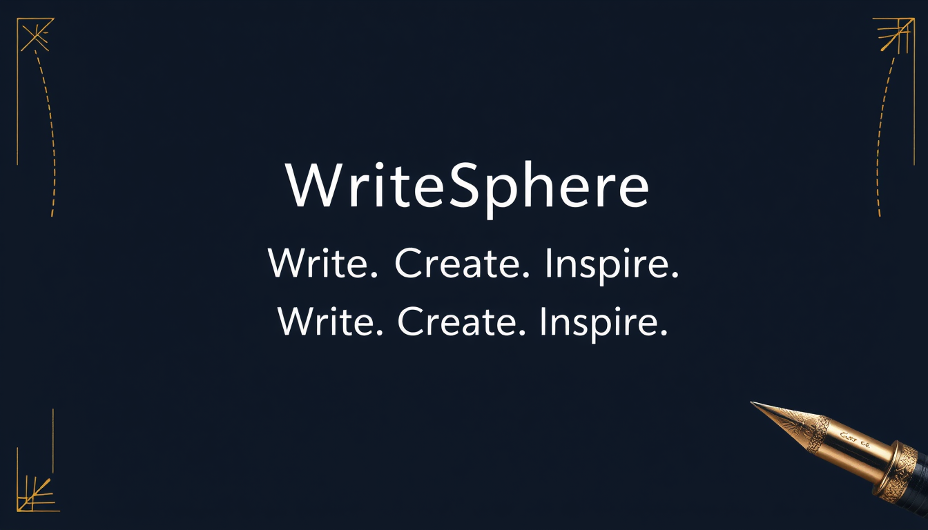 Main logo studio: YouTube banner 2560x1440 for “WriteSphere”. Center the exact text “WriteSphere” with “Write. Create. Inspire.” directly below. Keep both texts small, 