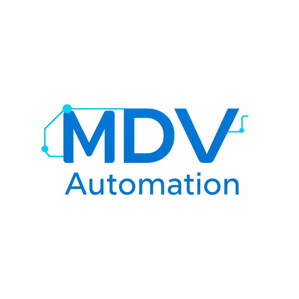 Main logo studio: Create a professional logo with “MDV” in large bold blue letters. Place “Automation” directly below MDV in smaller blue text. Use a pure white backgro