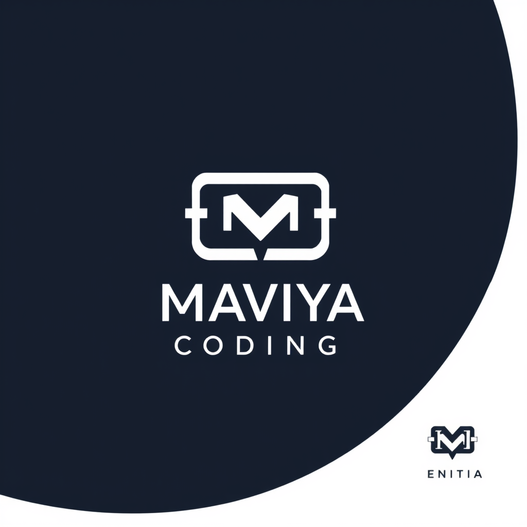 Main logo studio: Create a modern professional coding and programming logo with the text "MAVIYA CODING". Use a clean developer-style design with code brackets </> or {