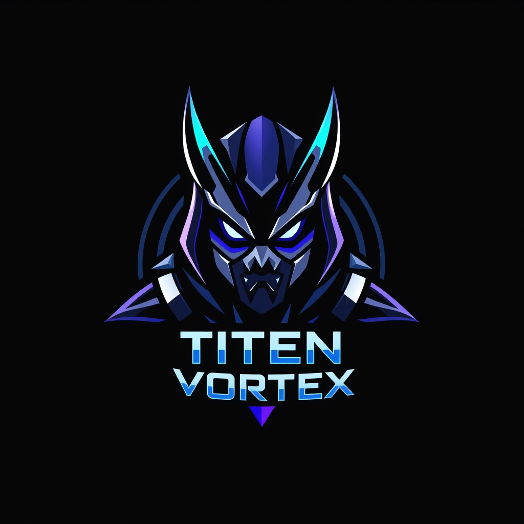 Main logo studio: Create an original legendary esports logo for “TITEN VORTEX”. Dark black background, electric blue and deep violet energy, futuristic masked warrior e
