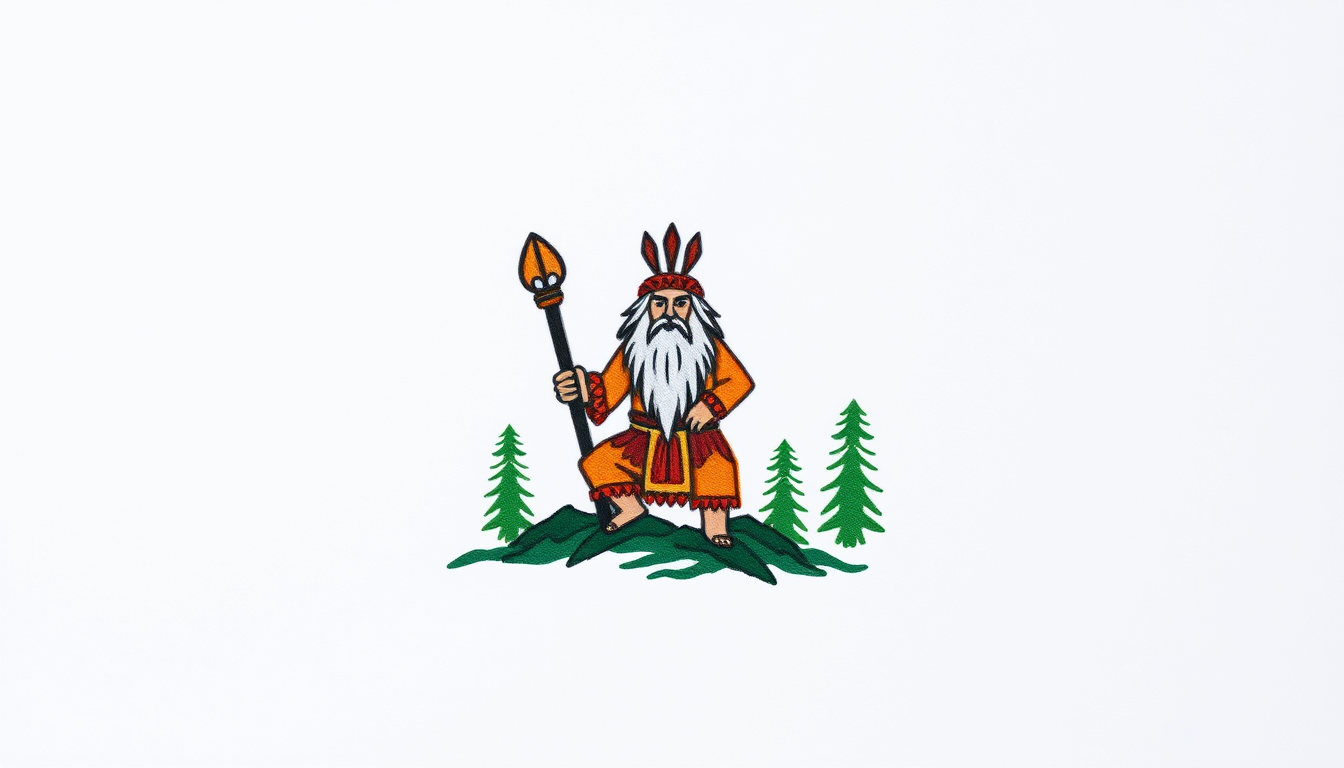 Main logo studio: Create a very small image of a shaman, using forest colors.