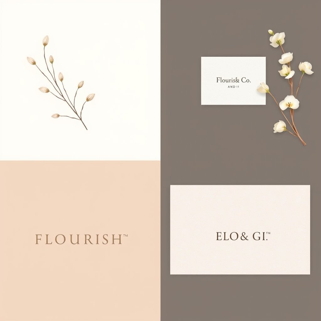 Main logo studio: create a coordinated, elegant look for Flourish & Co. with ivory, champagne beige, muted taupe, and refined lettering.