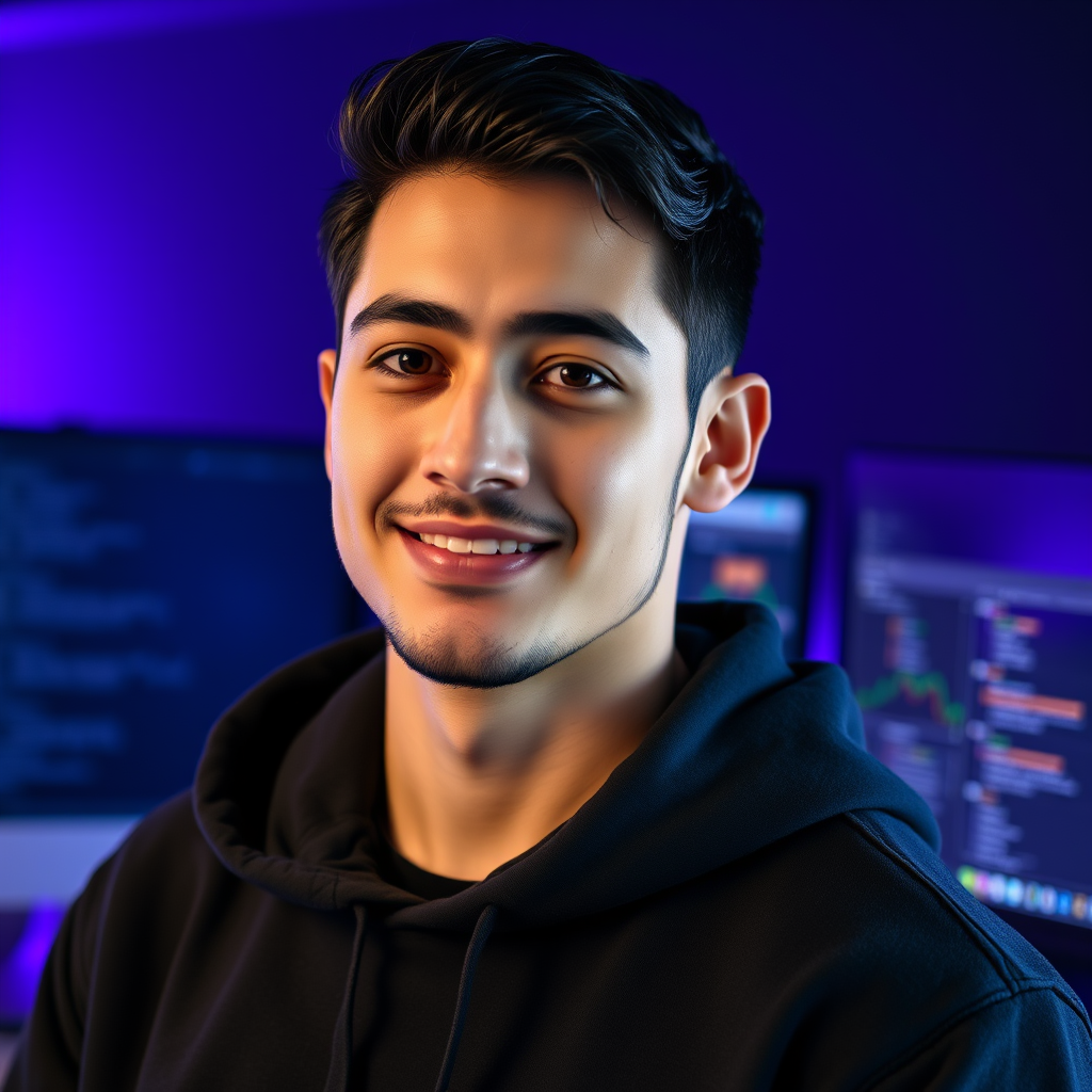 Main logo studio: Photorealistic profile picture of a confident young male digital creator, mid-20s, short dark hair, light stubble, wearing a black hoodie. Friendly, f