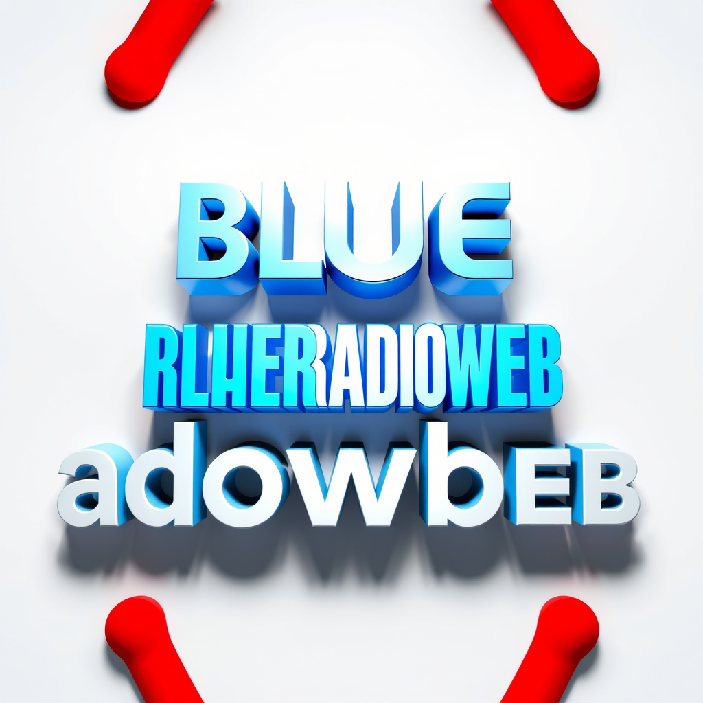 3D Logo idea: 3D logo for BLUERADIOWEB LISTEN TO YOUR MUSIC a music radio brand white blue red , three-dimensional render, realistic depth and shadows, glossy or me
