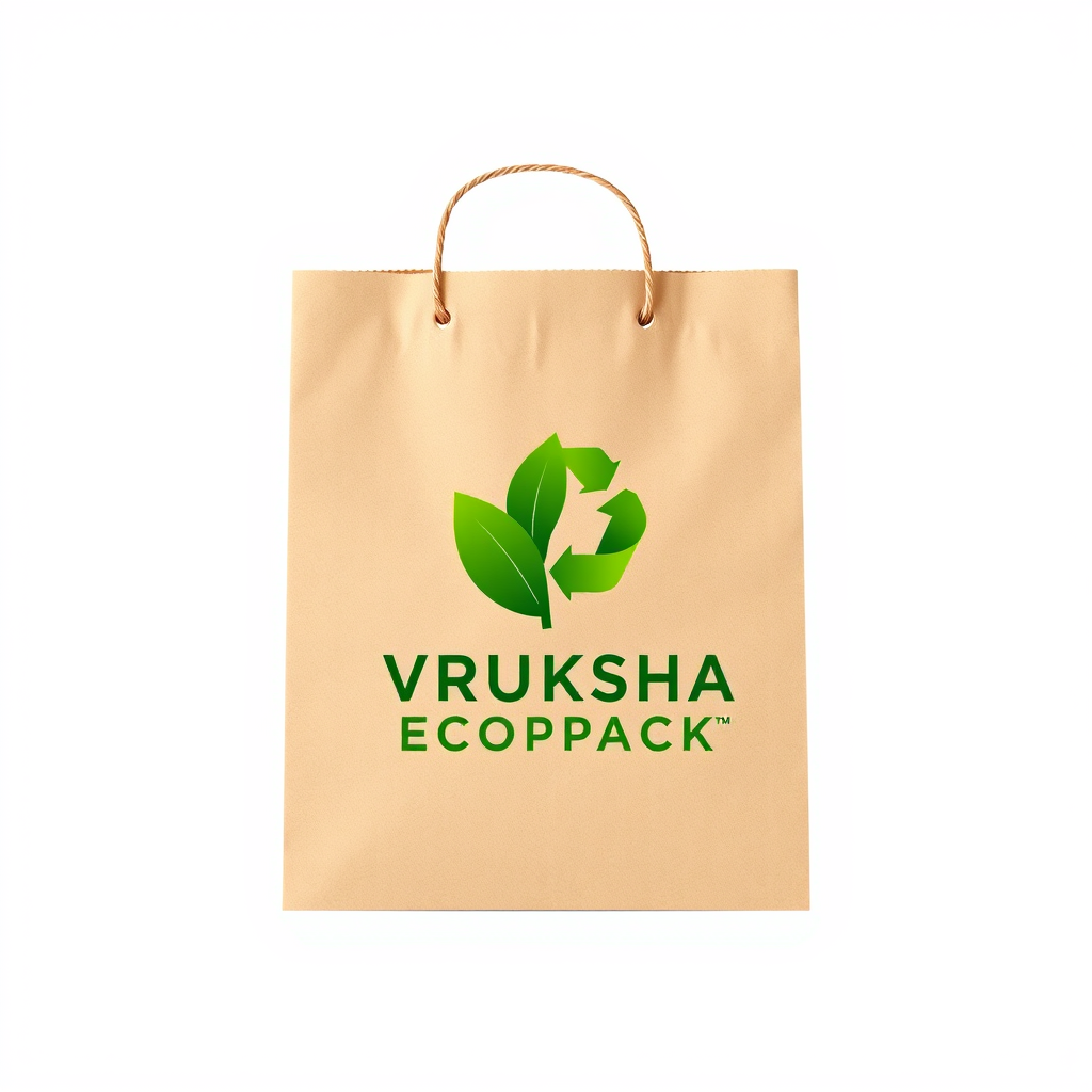 Main logo studio: “VRUKSHA ECOPACK – modern eco-friendly paper bag company, elegant green leaf combined with a paper bag, recyclable symbol subtly integrated, premium p